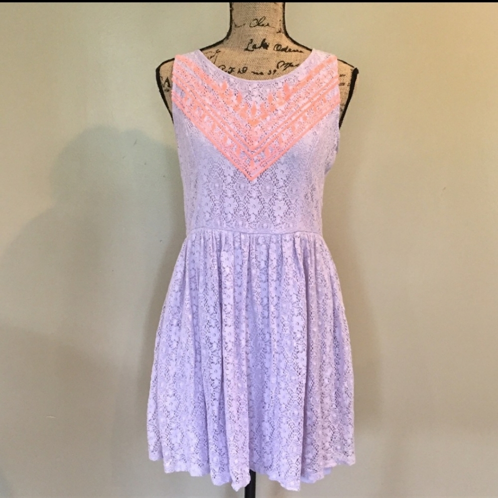 Lilac lace dress with orange embroidery detail